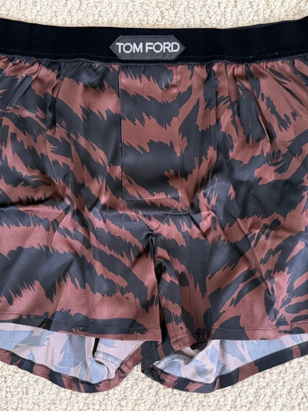 Tom Ford Brown Black Zebra Stretch Silk Logo Velvet Waistband Boxer Shorts